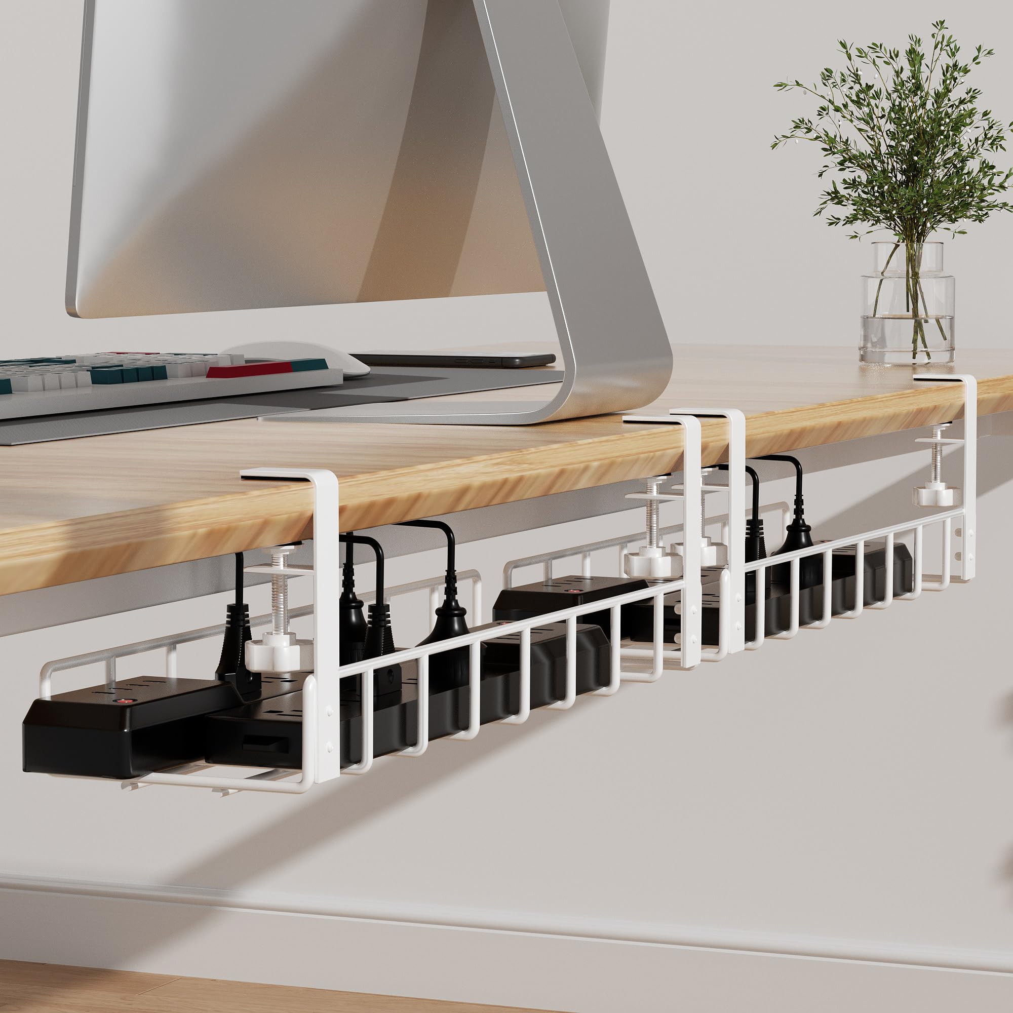 Photo 1 of 2 Pack Cable Management Under Desk Tray, Xpatee 31.4" No Drill Wire Organizers with Upgraded Clamp, Metal Cord Organization, PC Cable Management Rack, White