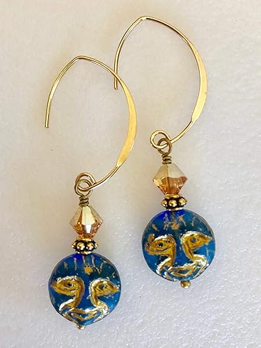 Amazon Com Blue Moon Earrings Moon Face Montana Blue Man In The Moon Premium Czech Glass Celestial Moon Earrings Novelty Boho 14k Gold Fill Handmade