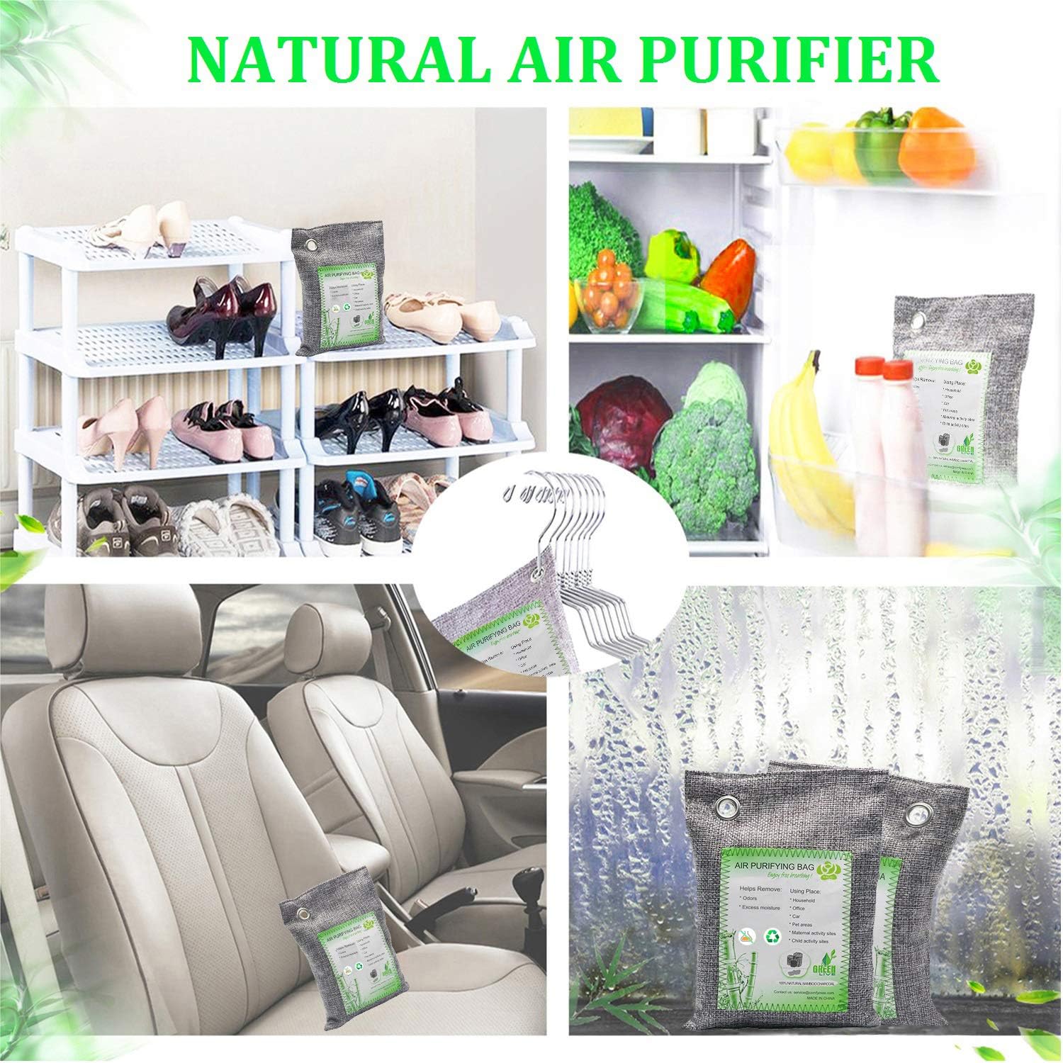 Activated Bamboo Charcoal Bags, Natural Air Purifying Fresheners, Moisture Remove for Home, Car, Closet, Bathroom (8 x 200g): Kitchen & Dining
