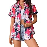 SEAOYOZO Women's Hawaiian Shirts Short Sleeve Tropical Button Down Summer Beach Aloha Luna Floral Hawaii Shirt Lightweight