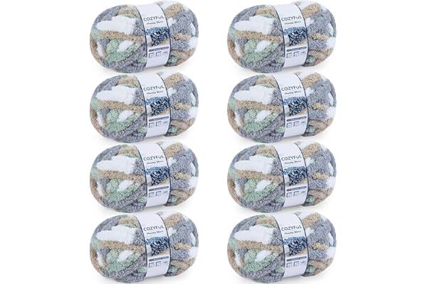 Cozyful Chunky Yarn for Hand Knitting - #10 Chunky Chenille Blanket Yarn, Jumbo Big Thick Chunky Yarns for Crocheting, Tie Dye Bulky Knit Yarns, 8 Skein (25 yds 8 oz Each Skein), Cream&Sage&Grey&Khaki