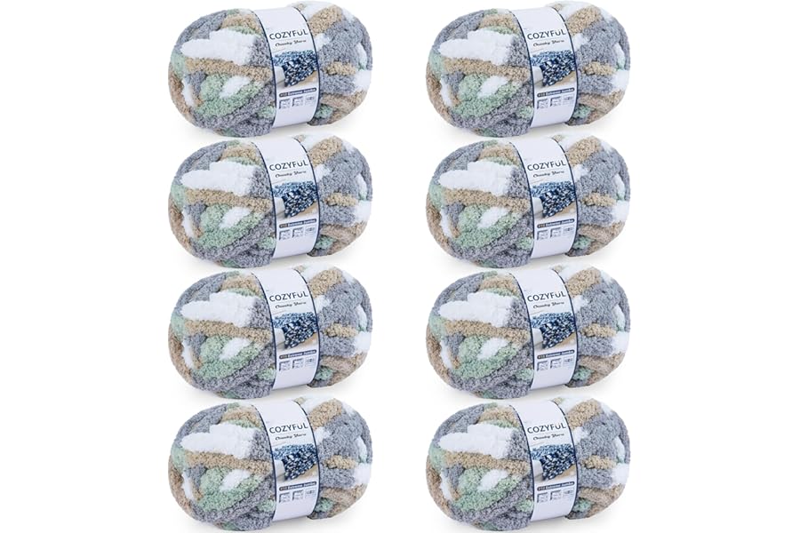 Cozyful Chunky Yarn for Hand Knitting - #10 Chunky Chenille Blanket Yarn, Jumbo Big Thick Chunky Yarns for Crocheting, Tie Dye Bulky Knit Yarns, 8 Skein (25 yds 8 oz Each Skein), Cream&Sage&Grey&Khaki
