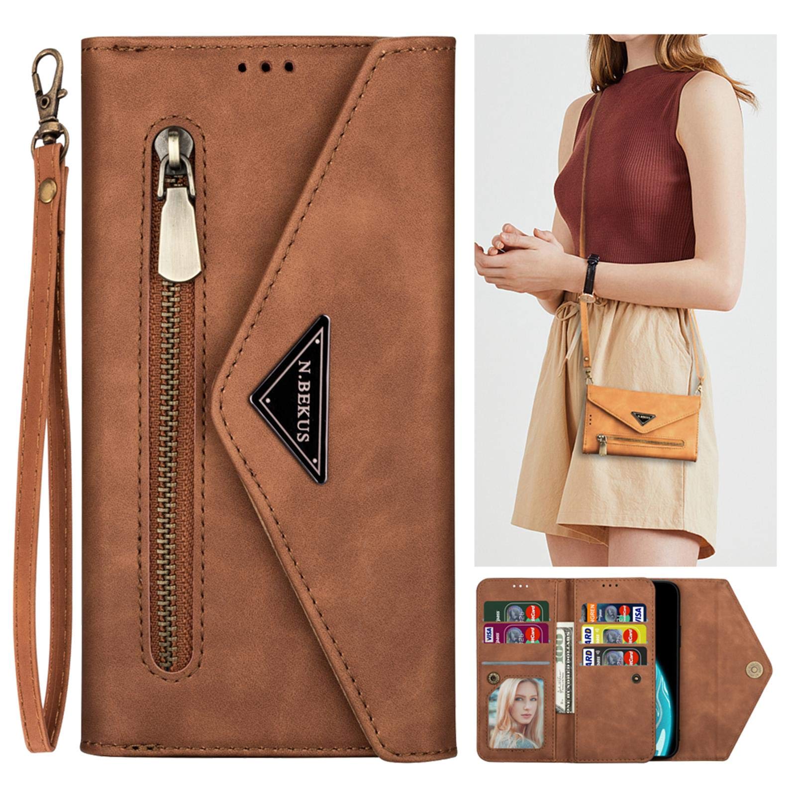 Huawei Y6 2019 Case Wallet for Women Men Leather Flip Folio Cover Crossbody Lanyard Case Zipper Wallet Coin Purse with Card Holder Stand Shoulder Wrist Strap Huawei Y6 2019 Shockproof Case Brown