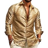 Barry.Wang Mens 70s Disco Dress Shirts Paisley Long Sleeve Designer Outfit Floral Top for Dance Party Casua