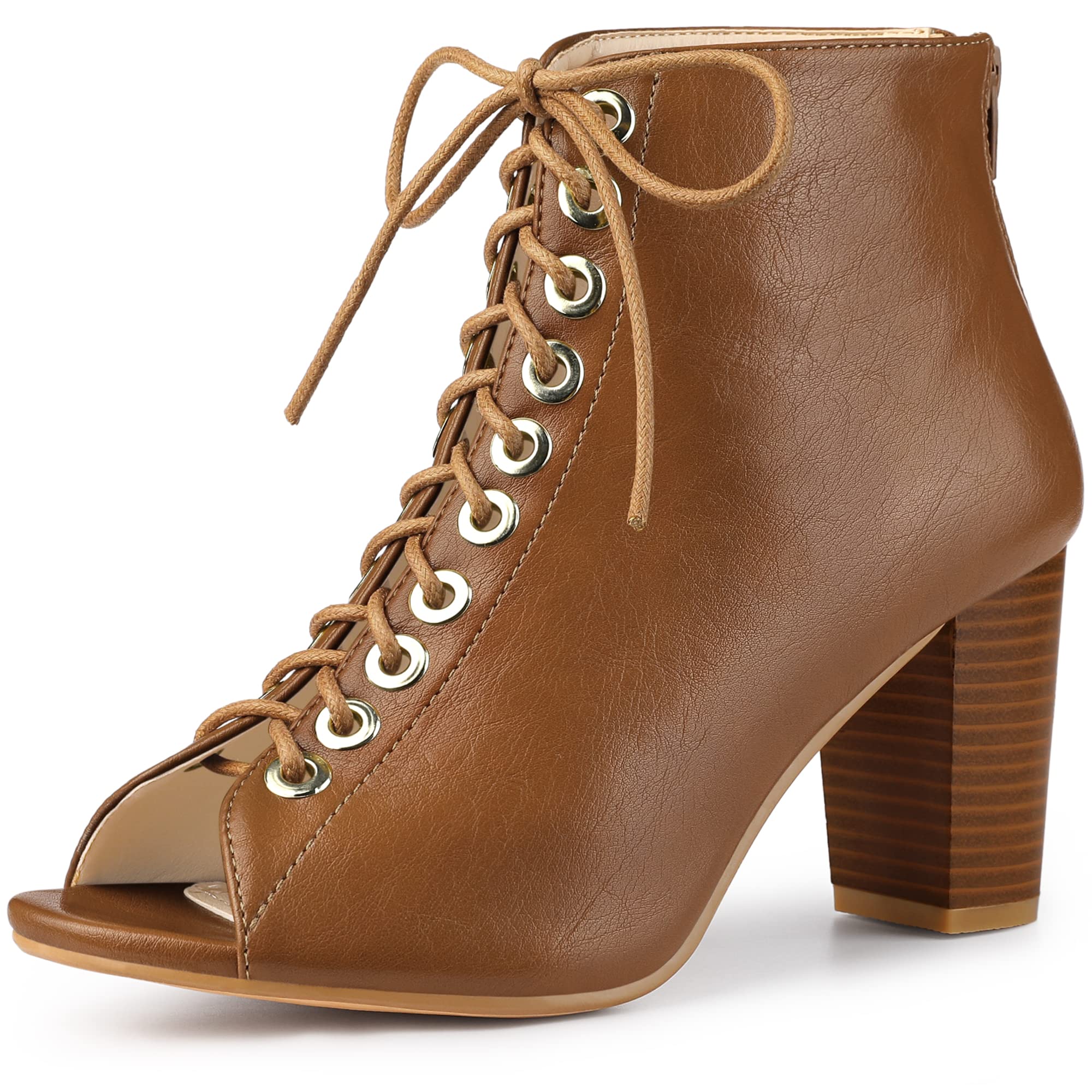Allegra K Women's Peep Toe Lace Up Chunky Heeled