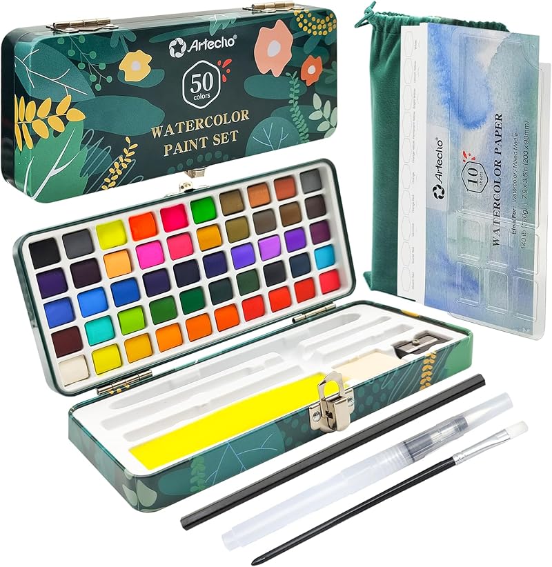 Artecho Watercolor Paint Set 50 Colors Portable Box Includes 4 Fluorescent