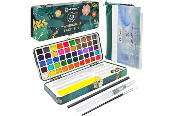 Artecho Watercolor Paint Set 50 Colors in Portable Box Including 4 Fluorescent Colors, Travel Watercolour Set with Watercolou