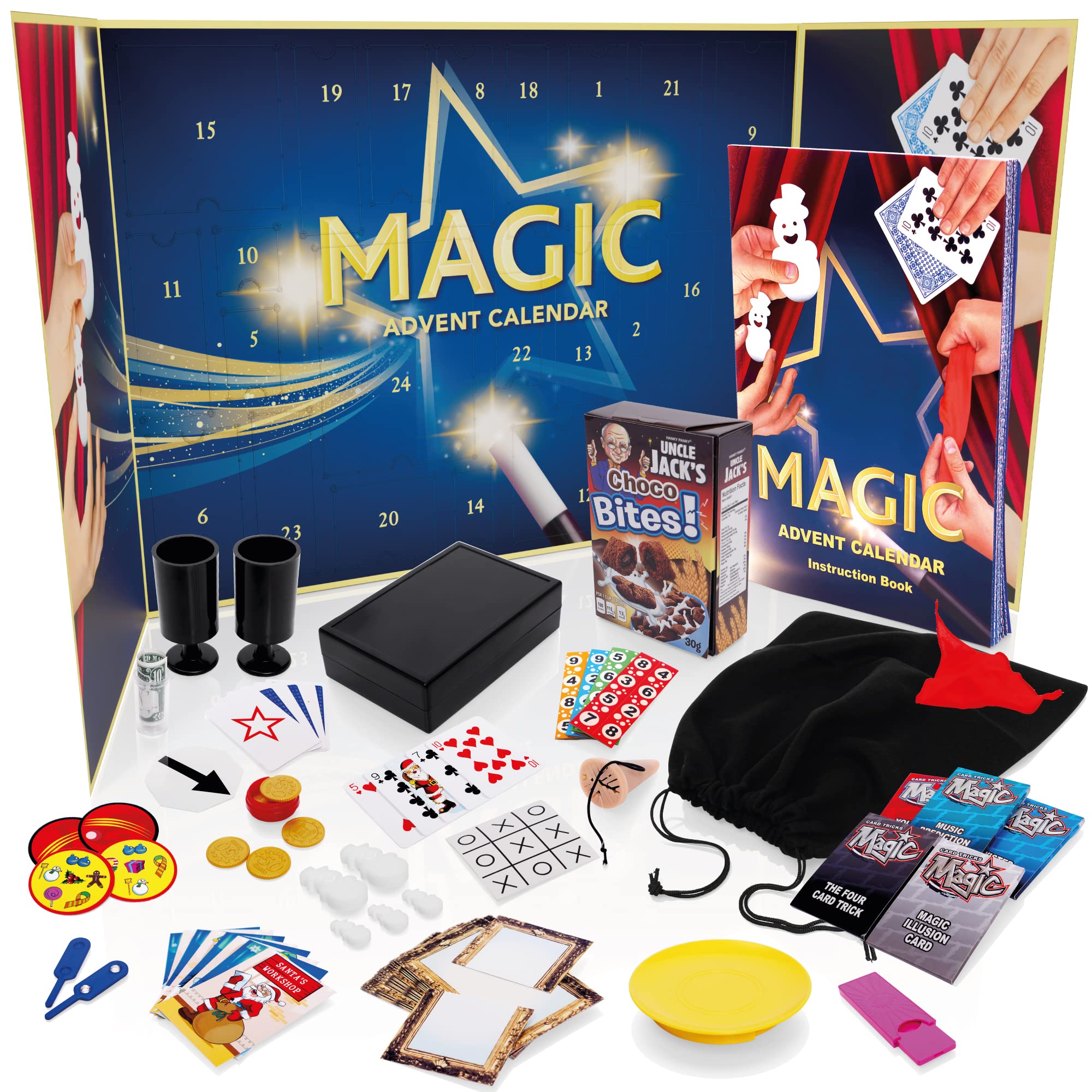 WOW Magic Advent Calendar 2023 - Includes 24 Kids Surprise Magic Tricks, Trick Storage Bag + Full Colour Instruction Guide Book - Childrens Christmas Advent Calendars For Boys or Girls