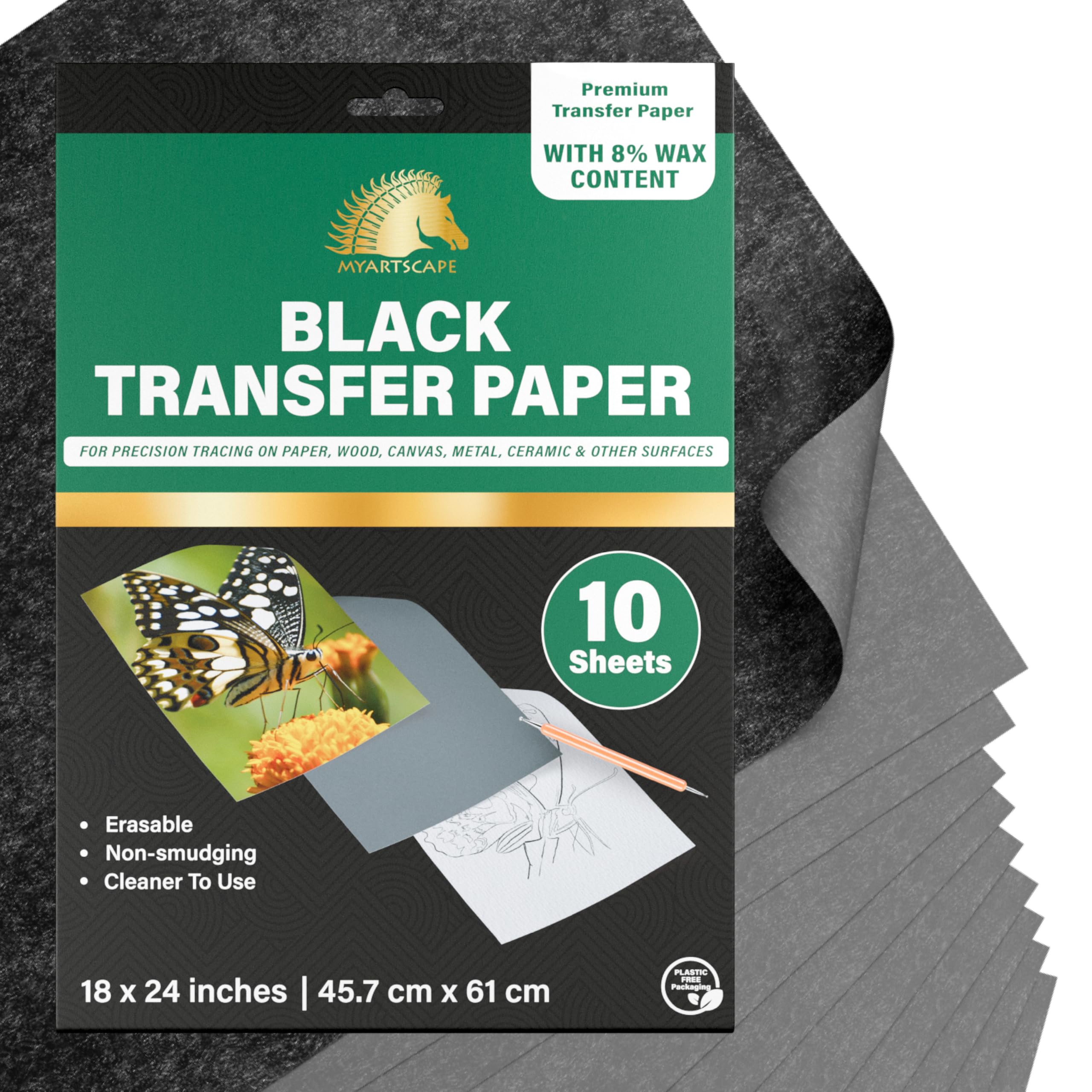 Graphite Transfer Paper - 18" x 24" - 10 Sheets - Waxed Carbon Paper for Tracing - MyArtscape (Black)