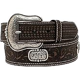 ARIAT Men's Genuine Leather Western Belt with Floral Pattern and Silver Oval Conchos