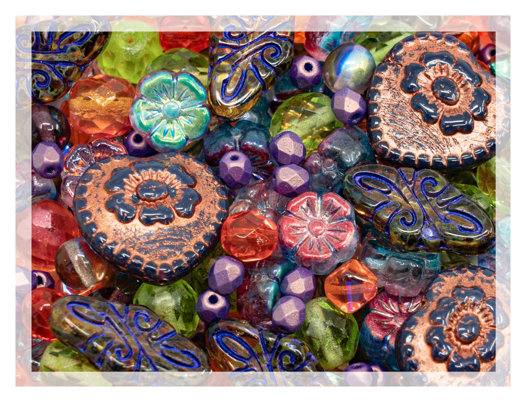 2.1oz (60 g) Mix of Unique Czech Bohemia Glass Pressed Beads, Crazy Purple Green Copper, Table Cut, Matte and Glossy, Faceted Fire Polish, Hand Made Set Kit BCV