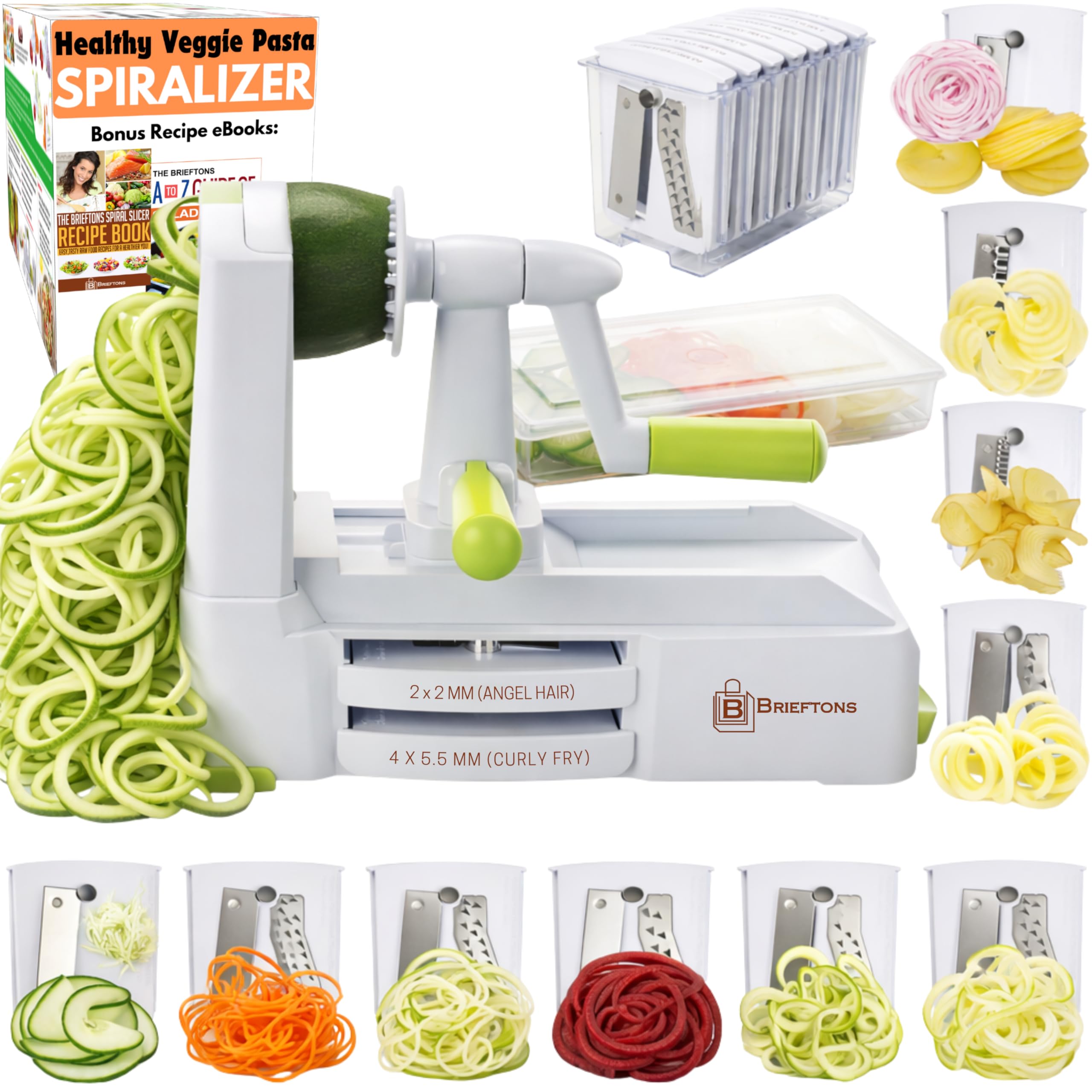 Brieftons 10-Blade Vegetable Spiralizer: Zucchini Spiral Slicer & Veggie Noodle Maker, Japanese Steel Blades, Catch Container, Strong Suction Cup, Blade Caddy, 4 eBooks | Low Carb, Vegan, Gluten-Free