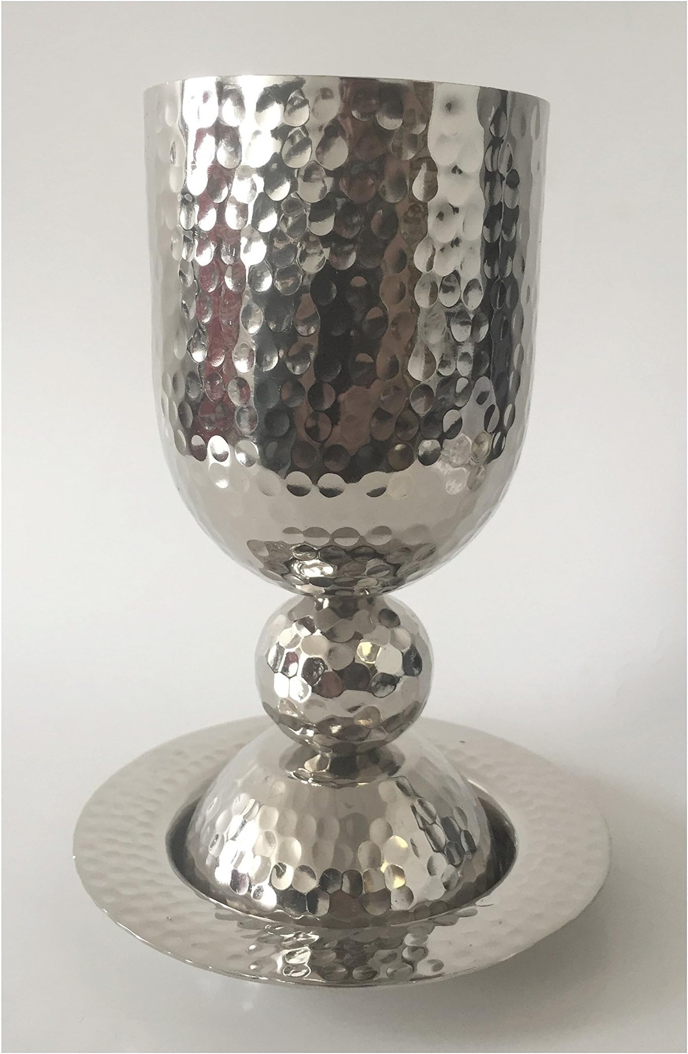 Nickel Plated Kiddush Cup Goblet and Plate Saucer - Hammered Metal Design