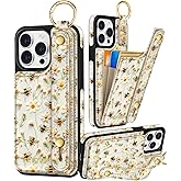 Petitian for iPhone 13 Pro Max Case with Wallet - Women Girls Cute Girly Aesthetic Unique Design Leather Credit Card Holder Cardholder Stand Wristband for iPhone 13 Pro Max, Flower