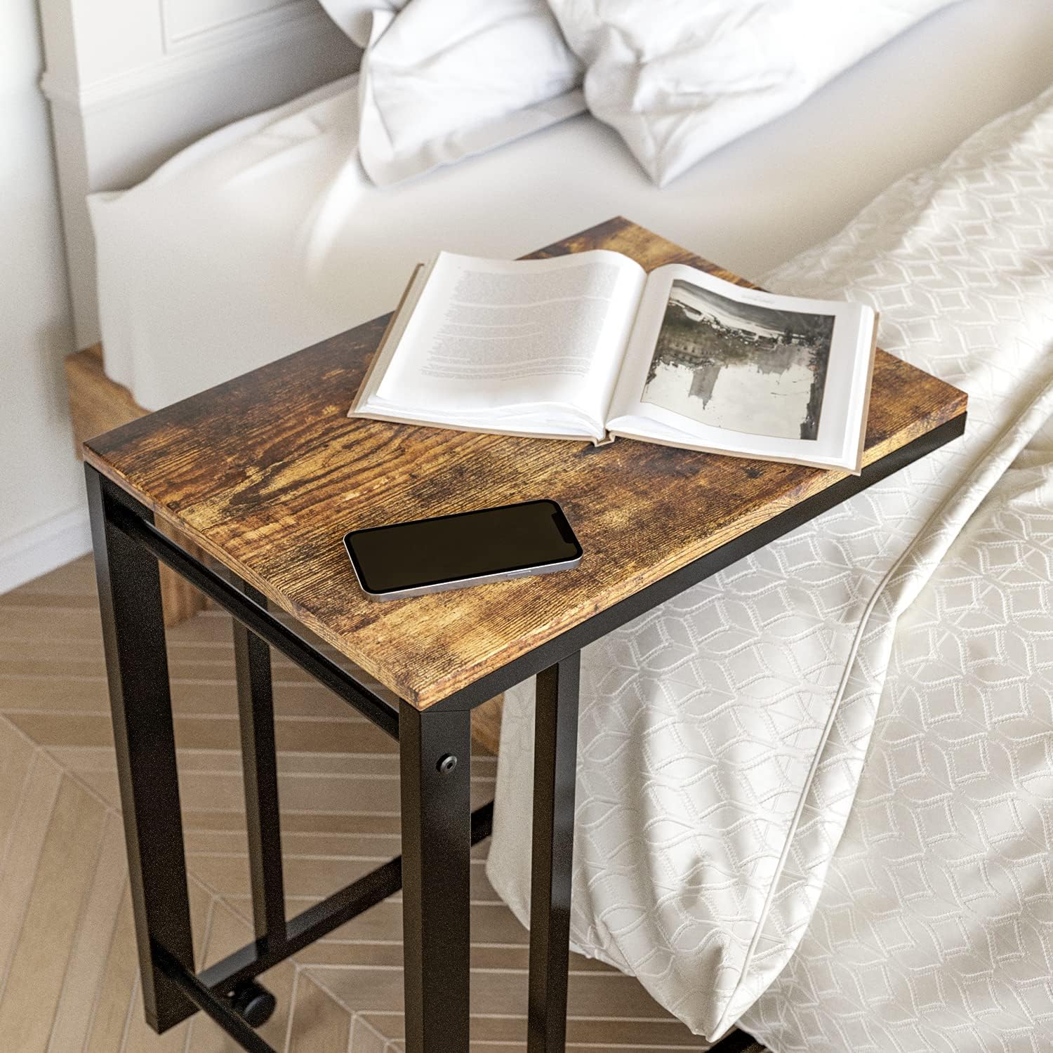 J JACKCUBE DESIGN Side End Tables with Rolling Casters, Vintage Couch Table for Coffee Laptop Tablet, with Steel Frame & Wheels, C Shaped Table for Living Room, Bedroom, Rustic Brown- MK515A: Kitchen & Dining