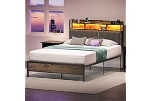 Welzona Full Bed Frames with Headboard, LED Lights Full Size Bed Frames with Charging Station, Sturdy and Noise-Free, Storage Space Under Bed, No Box Spring Needed, Brown