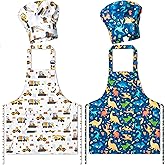 GROBRO7 4Pcs Kids Apron and Chef Hat Set Gift for Girls Boys, Dinosaurs Construction Vehicles Adjustable Kitchen Cooking Child Aprons with 2 Pockets Waterproof Smocks for Baking Painting Crafting