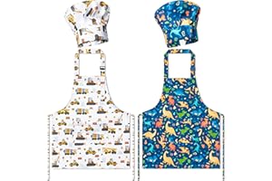 GROBRO7 4Pcs Kids Apron and Chef Hat Set Gift for Girls Boys, Dinosaurs Construction Vehicles Adjustable Kitchen Cooking Child Aprons with 2 Pockets Waterproof Smocks for Baking Painting Crafting