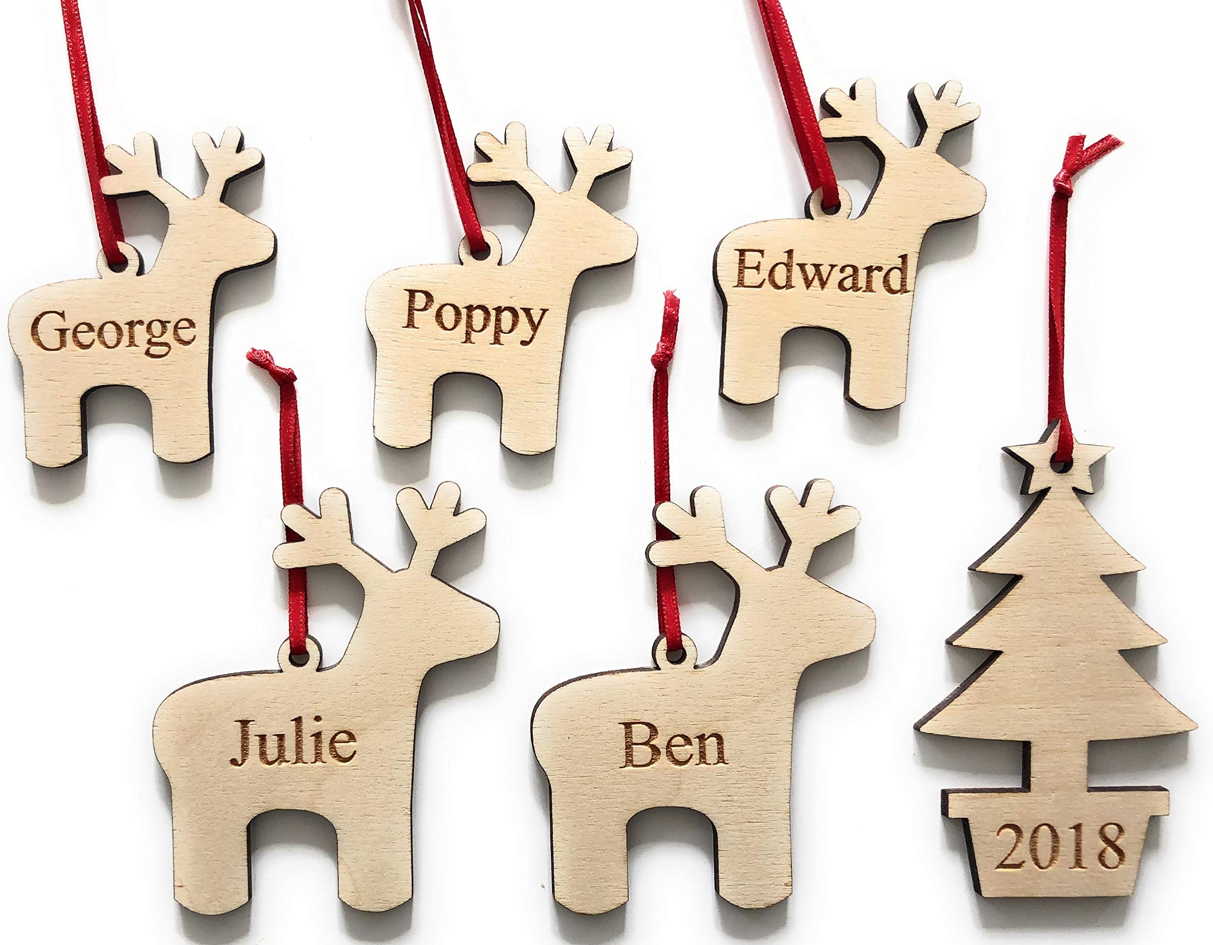 Alphabet barn Personalised Christmas Decoration SET | Xmas reindeer and tree bauble design | Engraved name