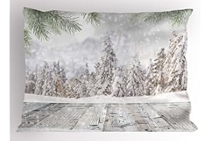 Ambesonne Winter Pillow Sham, Abstract Christmas Theme with Snow Covered Forest and Wooden Surface Image, Decorative Standard Size Printed Pillowcase, 26" X 20", Green White Beige