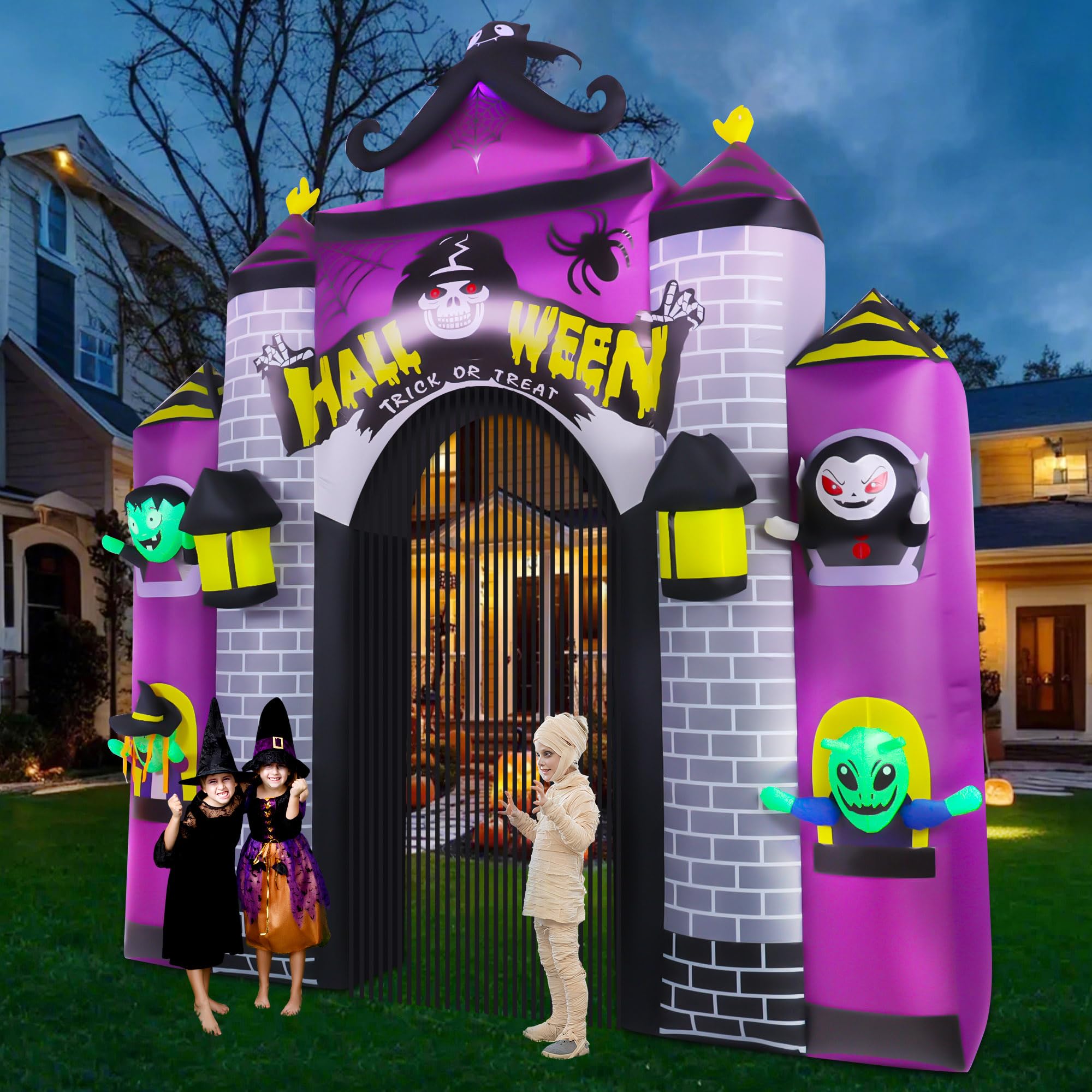 Photo 1 of 12 FT Halloween Inflatables Giant Arch Haunted House Outdoor Decorations, Ghosts Castle Blow Ups with Build-in LED Lights, Super Huge Size Yard Garden Decoration for Halloween Outdoor