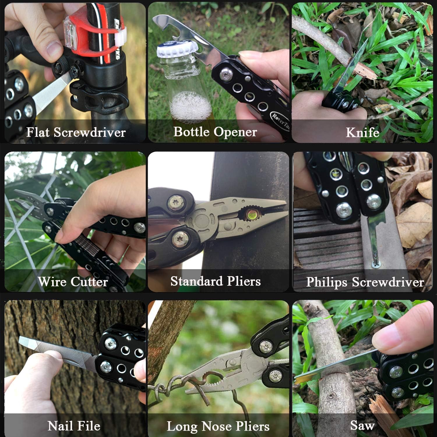RoverTac Multitool Pocket Knife Camping Tool Fishing Pliers Safety Lock 12 in 1 Knife Screwdriver Bottle Opener Saw Durable Sheath Unique Gifts for Men Women - - 