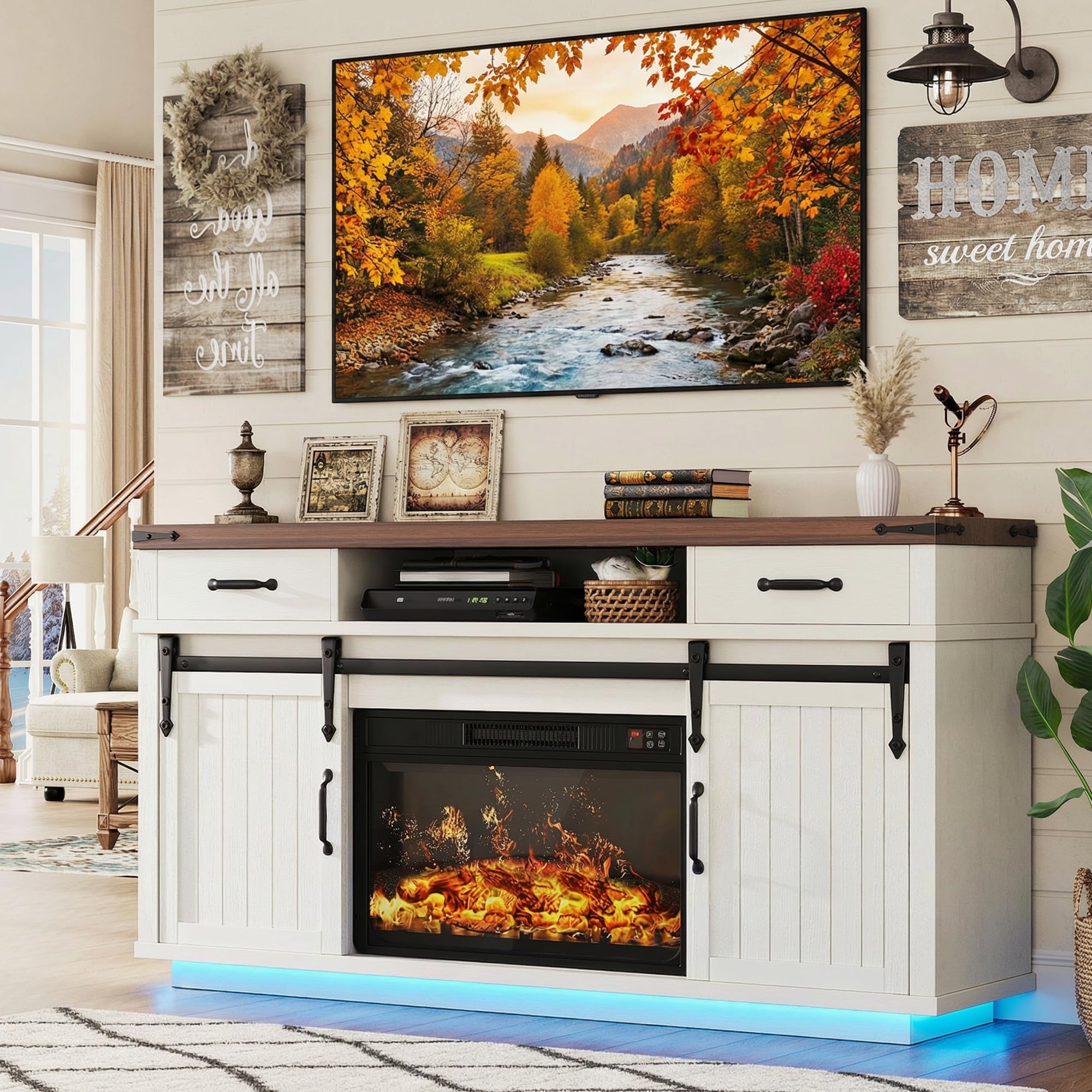 View 1 of ***SEE NOTES****59'' Fireplace TV Stand with 3D Flame Electric Fireplace Heater, 34'' Tall Farmhouse TV Stand for 65 Inch TV, Entertainment Center TV Console with 2 Drawers, Sliding Barn Door for Living Room - White