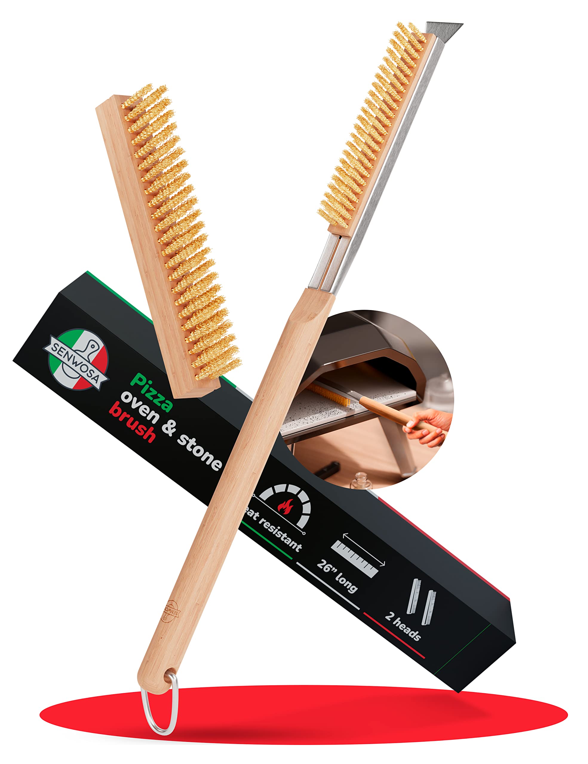 Photo 1 of 26” Pizza Oven Brush with Stone Scraper - Heat Resistant Stainless Steel Bristles, Extra Long Handle - Compatible with Ooni Ovens - Includes Spare Head
