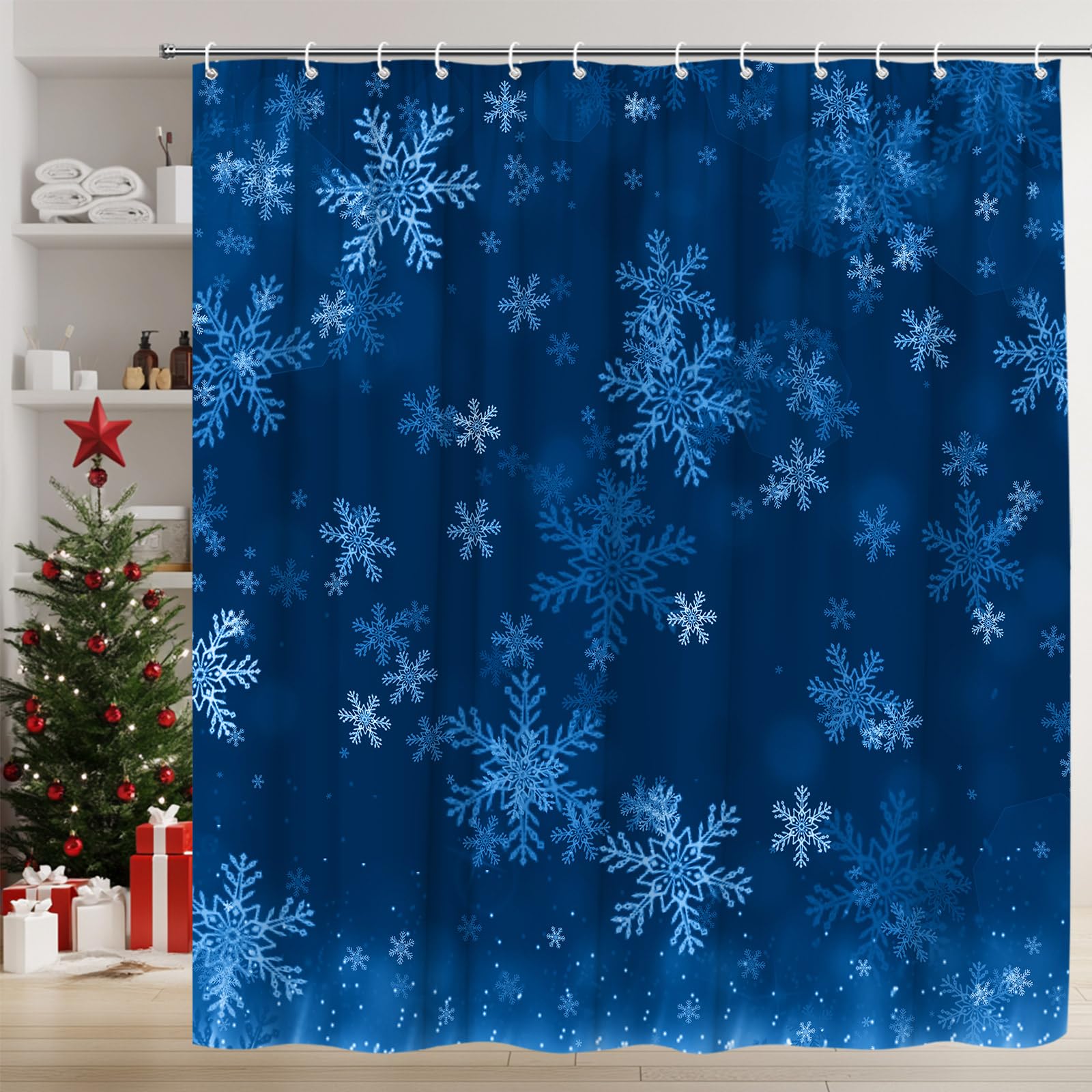 Photo 1 of **SIMILAR ITEM** Blue Snowflake Shower Curtain Merry Christmas Snowflake Winter Holiday Fabric Bathroom Decor Set,70x70 inch