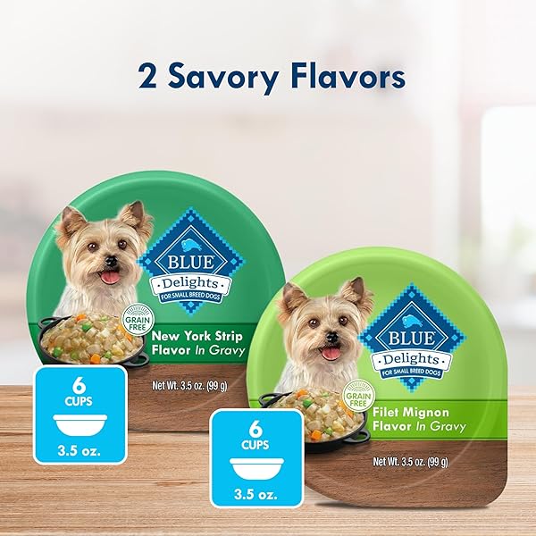 BLUE BUFFALO DELIGHTS NATURAL ADULT SMALL BREED WET DOG FOOD, VARIETY PACK, MADE WITH NATURAL INGREDIENTS, FILET MIGNON & NEW YORK STRIP RECIPE IN HEARTY GRAVY, 3.5-OZ. CUPS (12 COUNT, 6 OF EACH)