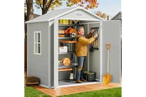 Gizoon 6x4.4 FT Outdoor Resin Storage Shed with Floor & Lockable Door - All-Weather Plastic Tool Shed, Double-Wall Design Perfect to Store Patio Furniture, Garden Equipment, Seasonal Items (Grey)