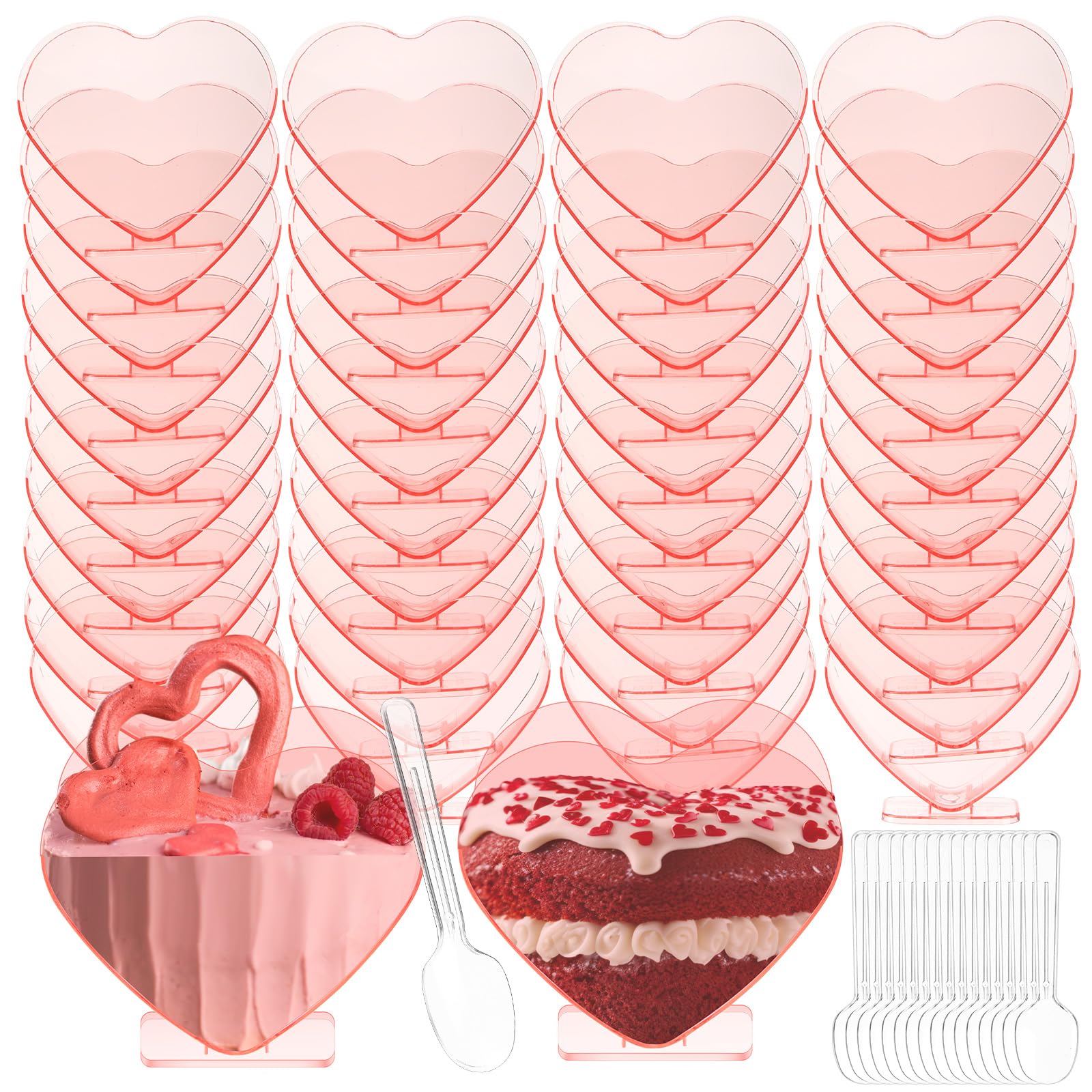 Photo 1 of Ziliny Mini Heart Shaped Dessert Cups with Spoons 2.7 oz Valentine Day Plastic Appetizer Cup Clear Disposable Reusable Heart Shaped Bowl for Valentine Wedding Party Cakes Ice Cream(Pink,40 Set)