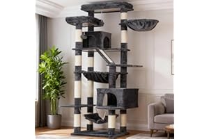 Heybly Cat Tree, 71-Inch-Tall Tower for Indoor Cats with 2 Perches, 2 Big Condos, 2 Hammocks, Basket, Scratching Pad, Large Cat Furniture and Condo, Smoky Gray HCT034G