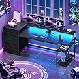 SEDETA 59" Office Desk with Drawers, Reversible Computer Desk with File Drawers & Storage, Gaming Desk with LED Lights & Power Outlet, Home Office Desks for Printer, Black