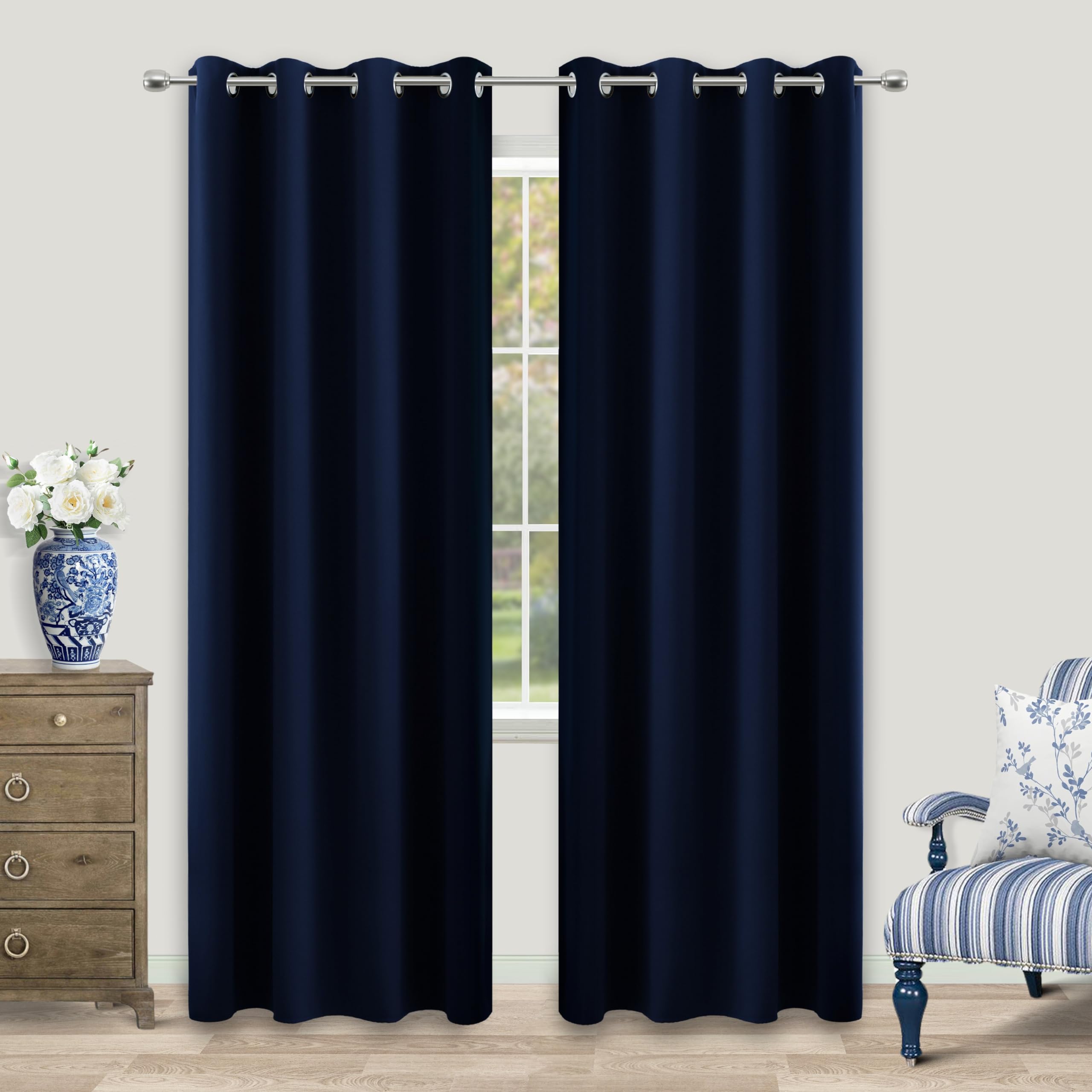 Photo 1 of KOUFALL Navy Blue Blackout Curtains for Living Room 84 Inch Length 2 Panels Set Window Drapes Thermal Insulated Room Darkening Curtain for Bedroom Boys 84 Inches Long Grommet Dark Blue