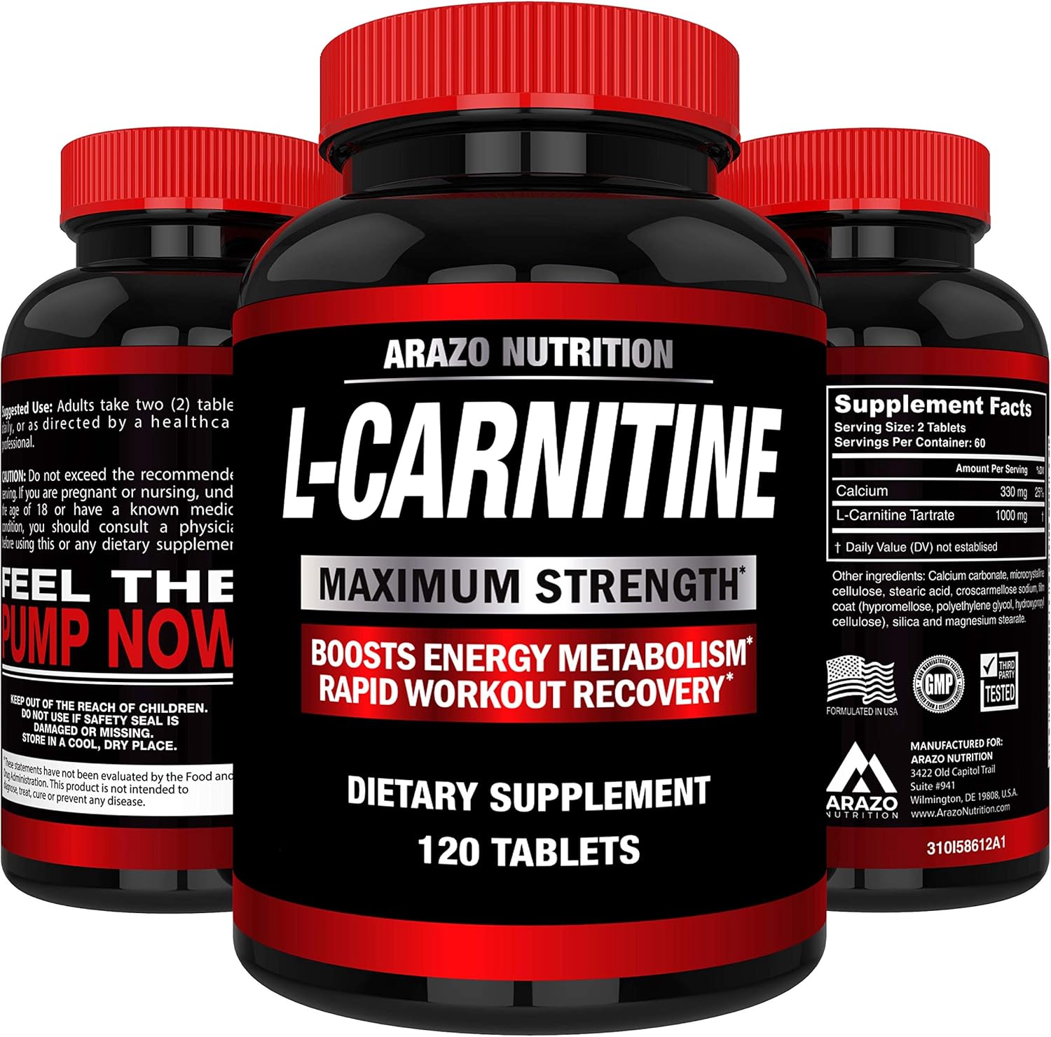 Super Strength L-Carnitine 1000MG Servings Plus Calcium for Boosted Metabolism and Improved Muscle Gain - Arazo Nutrition USA: Health & Personal Care