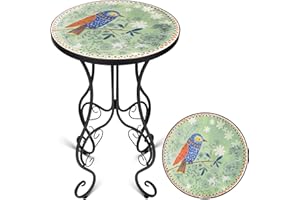 Frstem Mosaic Patio Table and Plant Stand, Outdoor Side Table for Patio with 14" Ceramic Tile Top, Weather Resistant Metal Round End Table Accent Table for Yard Porch Balcony Garden, Hummingbird