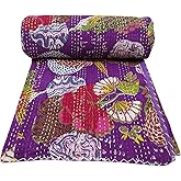 Bhagyashri Fashions Indian Handmade Cotton Purple Fruits Print Kantha Quilt Queen Tribal Bed Cover Reversible Bedspread Blanket Picnic Throw Floral Coverlet 108x90 Inches