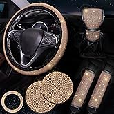ToBeQueen Steering Wheel Cover Set 15 inch,7 Pack Crystal Rhinestone Diamond Bling Gold Car Accessories,Seat Belt Cover,Gold Gear Shift Cover,Push Start Button Ring,Car Cup Coasters,Champagne