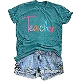 Teacher T-Shirt Women: Funny School Teaching Life Shirts Teach Letter Print Tee Teacher Embroidery Casual Short Sleeve Tops