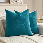 FUTEI Teal Velvet Throw Pillow Covers 18x18 Inch Set of 2,Soft Embossed Leaf-Relief Textured Cushion Cases,Natural Home Decor for Couch Living Room