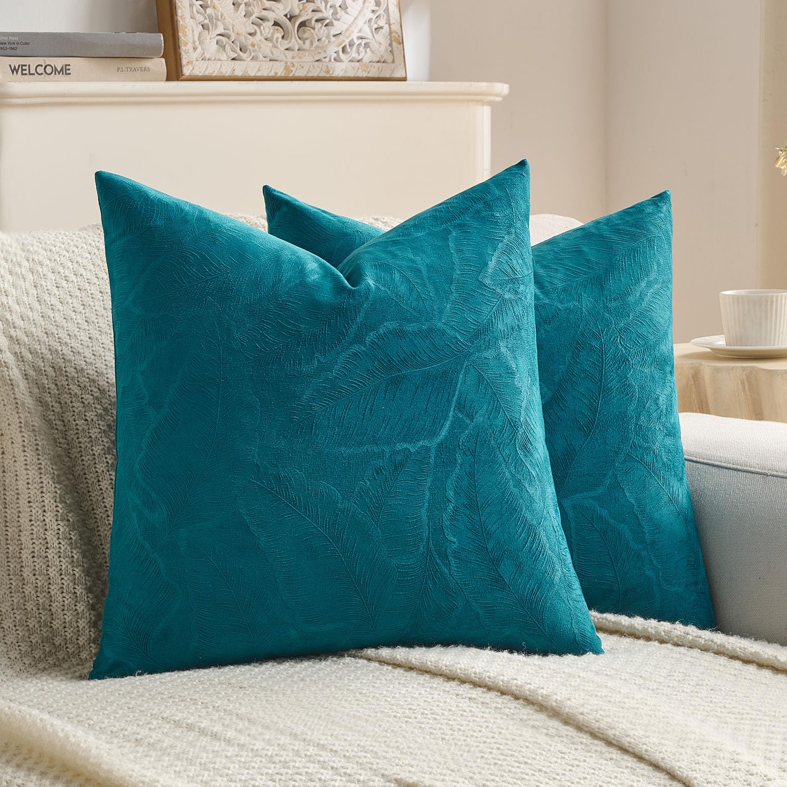 Photo 1 of FUTEI Teal Velvet Throw Pillow Covers 24x24 Inch Set of 2,Soft Embossed Leaf-Relief Textured European Cushion Cases,Natural Home Decor for Couch Living Room