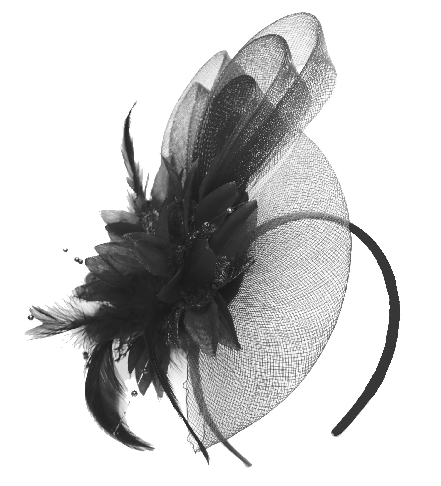 Caprilite Black Fascinator Headband Flower Wedding Ascot Races Net Hat Feathers