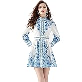 LAI MENG FIVE CATS Women's V-Neck Lantern Sleeve Hollow Out Embroidery Button Lace A-line Midi Dress