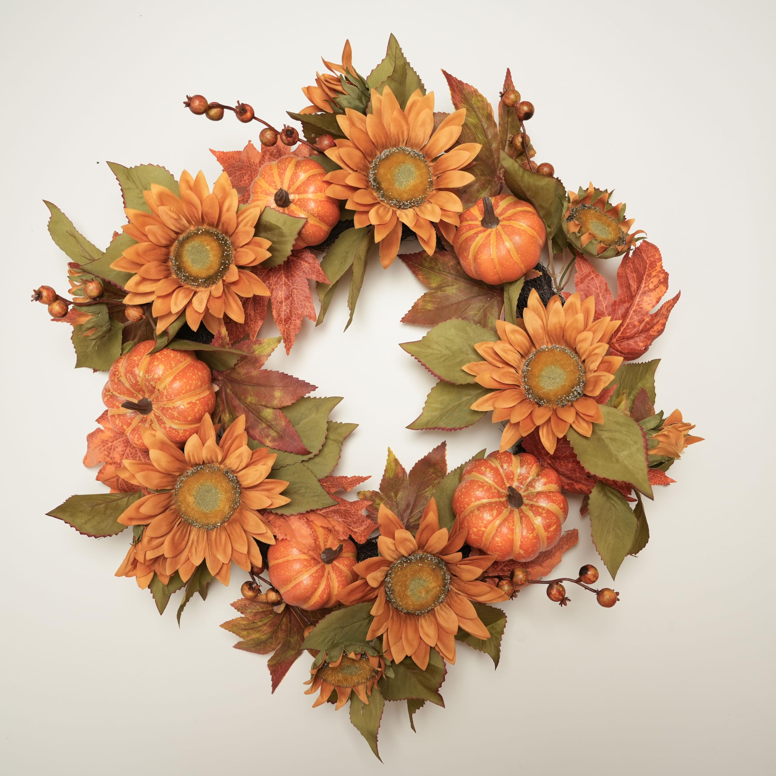 Photo 1 of 20-Inch Autumn Wreath with Sunflowers, Pumpkins, and Maple Leaves, Seasonal Decorative Wreath for Front Door, Wall, or Fireplace, Ideal for Fall, Thanksgiving, and Harvest Decor