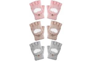 Geyoga 3 Pair Kids Fingerless Gloves for Girls Winter Warm Convertible Flip Top Gloves Heart Half Finger Mitten for Toddler