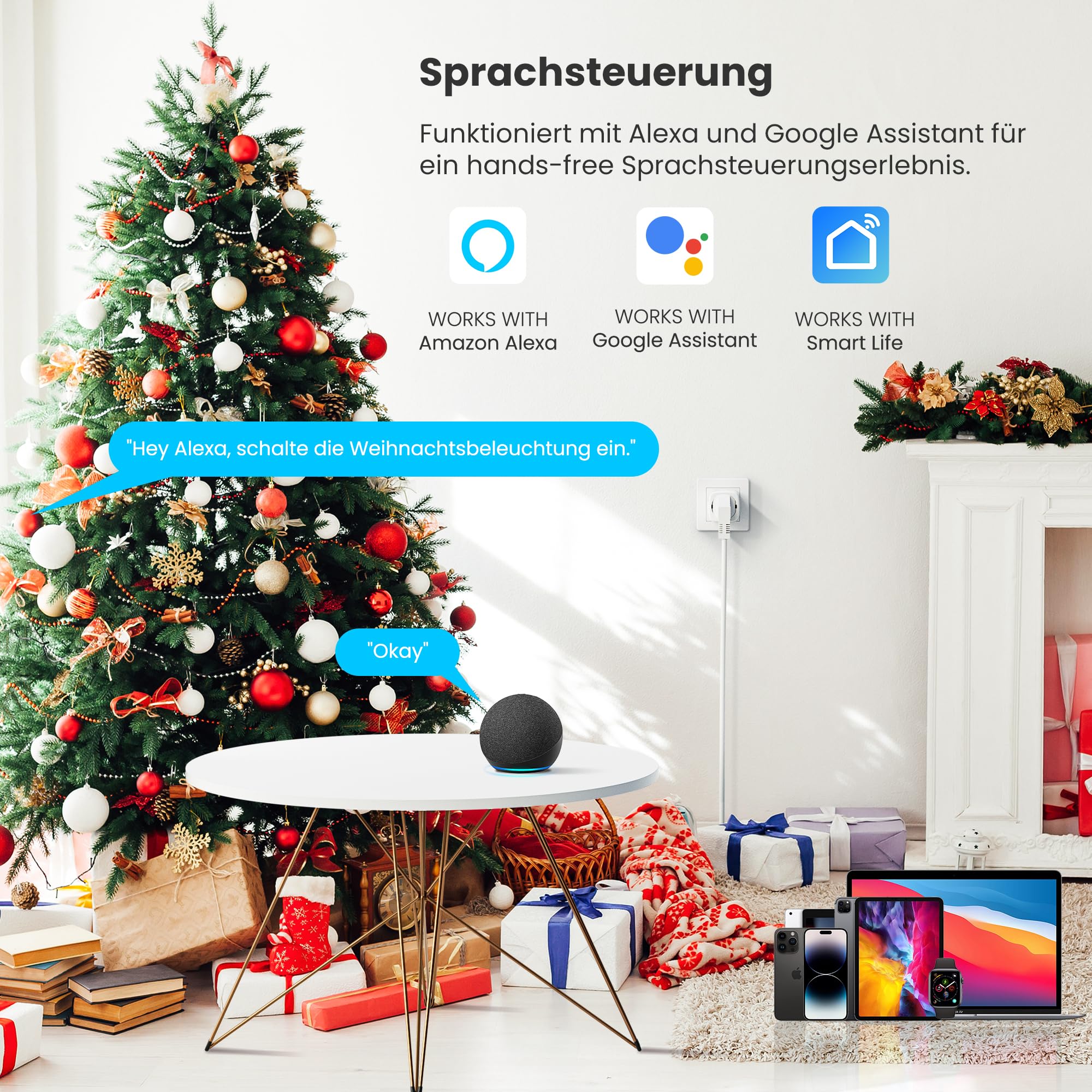 UPXNBOR Smart Steckdose, 16A Smart Home WLAN Steckdose mit Strommessung, Alexa Socket Funktioniert mit Alexa, Google Home, Timer & APP Fernzugriff, Kein Hub notwendig, Nur 2.4GHz WiFi (4er Pack) 4