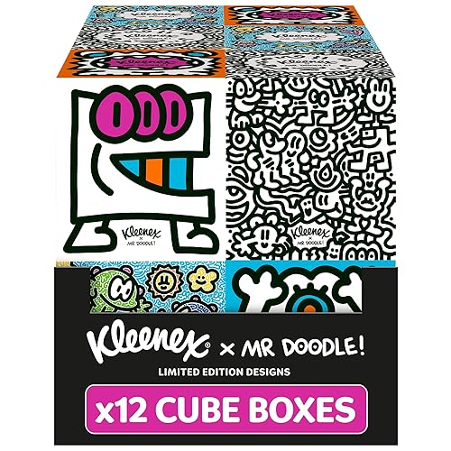 Kleenex x Mr Doodle Limited Edition Design Multipack Facial Tissues - 12 Cube Tissue Boxes, Designed in Collaboration with Mr Doodle, Made to Look Beautiful in The Home.