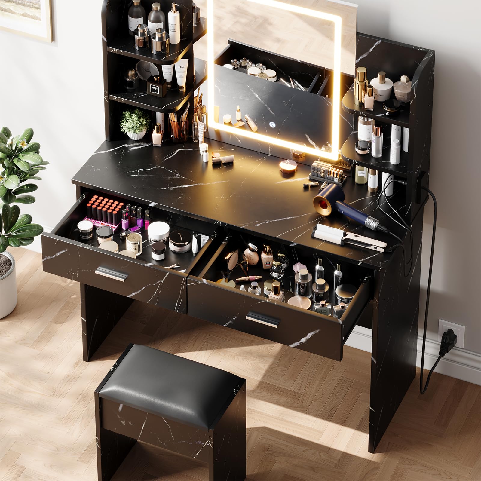 Photo 1 of GAOMON Makeup Vanity Desk with Lights and Mirror, Vanity Table with 3 Lighting Modes, Storage Drawer, Shelves, Charging Station and Included Stool for Bedroom, Marble Black