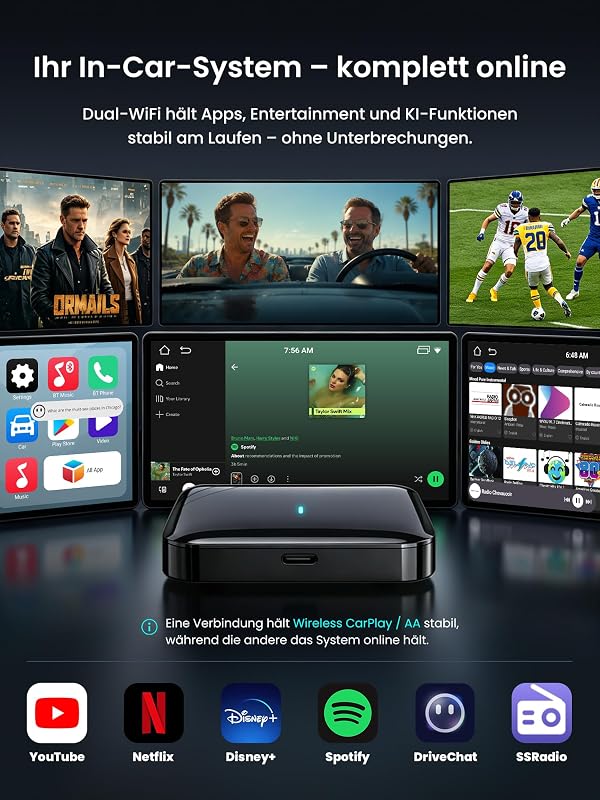 CarPlay AI Box, Wireless CarPlay Adapter Netflix/YouTube/TF-Karte 4GB+32GB - AI Box Android Auto Video Dongle, nur für OEM Kabel-CP/AA, 4G Dual-WLAN & BT, DriveChat AI Voice,Plug&Play CB4B